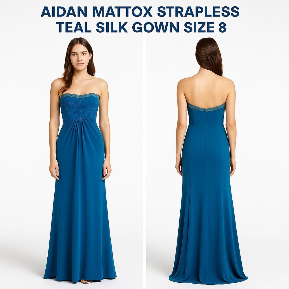 AIDAN MATTOX STRAPLESS TEAL SILK GOWN SIZE 8